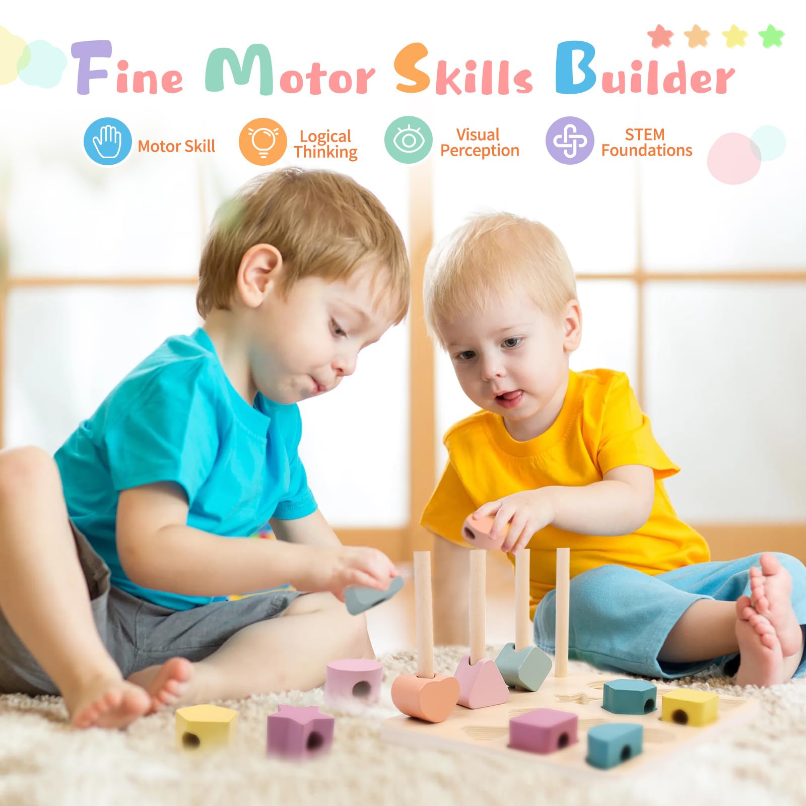 Jeux Montessori Enfant, 3 en 1 Jouet d'activité et de Développement Empilable y Enfiler, Enfant Jeu Educatif, Jouets de Tri Bois Cadeau pour Garcon et Fille 2 3 4 5 Ans, Jouets de Perles de Laçage