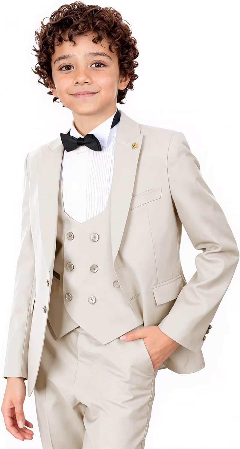 Boys Suit 3 Piece Slim Fit Kids Tuxedo Peak Lapel Formal Wedding Prom Outfit Blazer Vest Pant Suits Set
