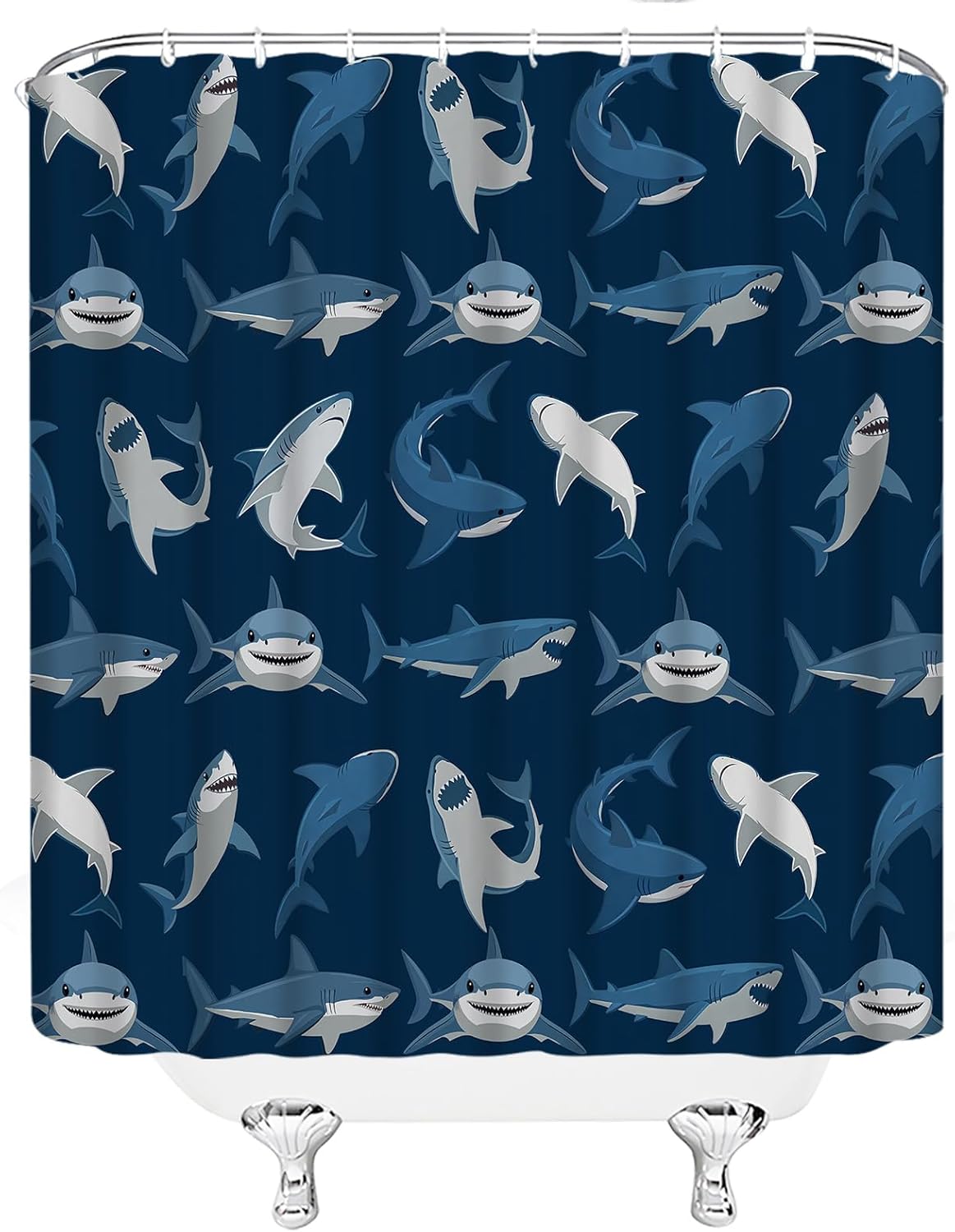 GCTNBJL Shark Shower Curtain Ocean Animal Shark Open The Mouth Fish Sea Marnie Underwater Nautical Bathroom Curtain with Hooks,Navy Blue,70" Wx84 H