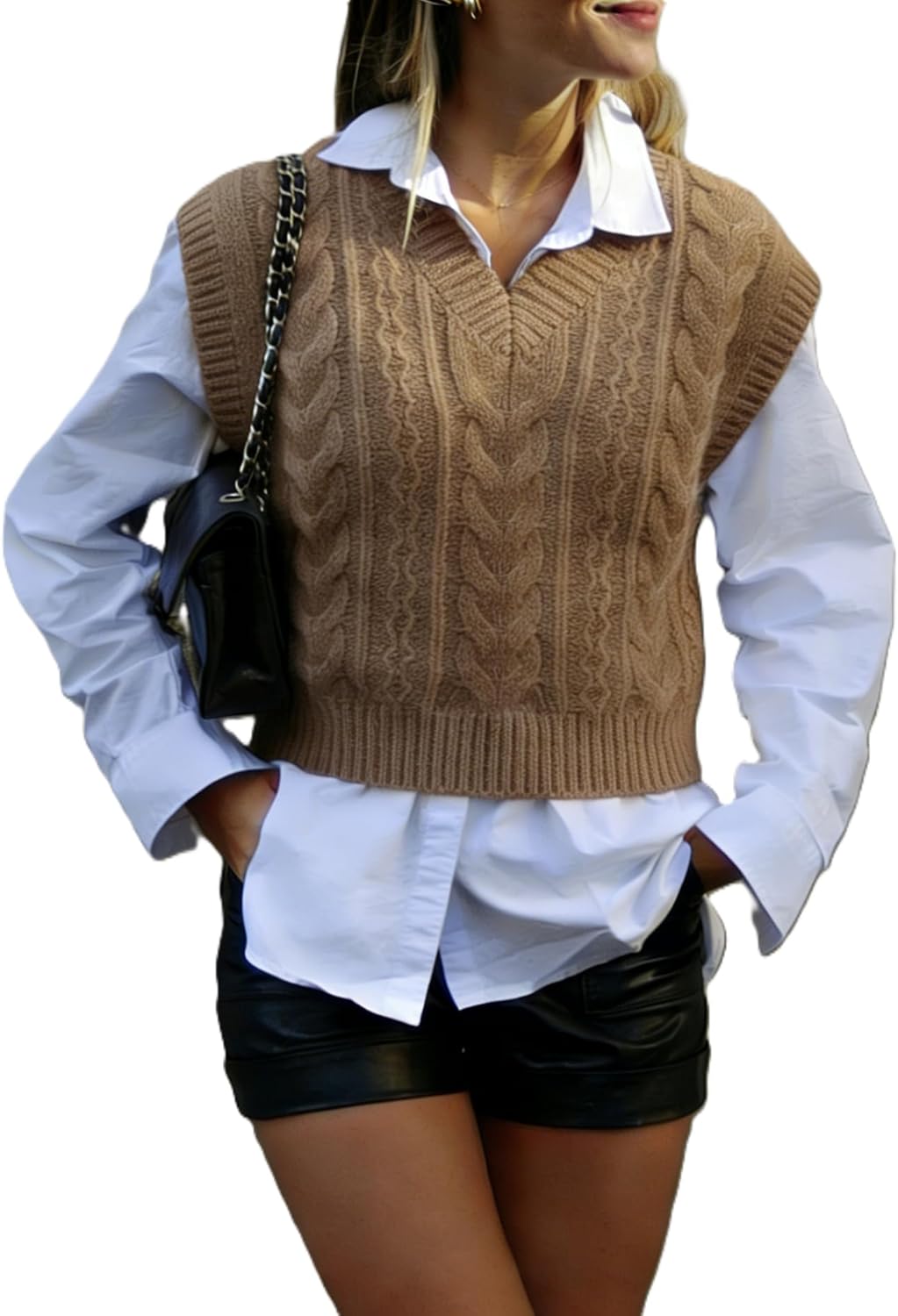 Women's Cable Knit V Neck Sweater Vest Cashmere and Silk Blend Sleeveless Wool Pullover Tops