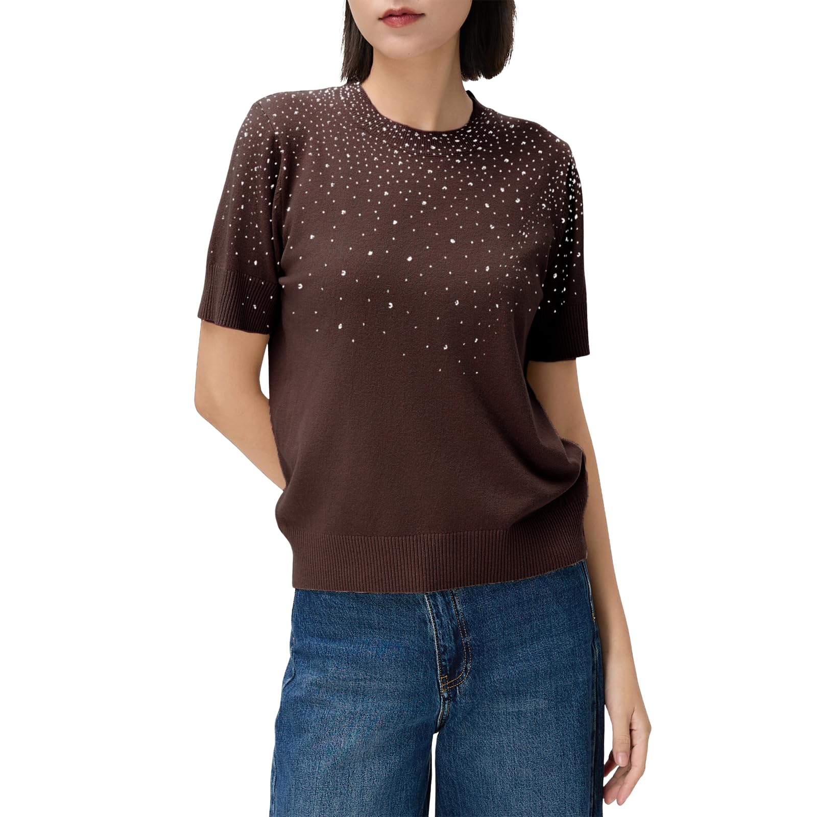Suéter de Mujer Ligero Mangas Cortas Cuello Redondo | Malla Fina Transpirable Alta Elasticidad | Viscosa | Básico de Chaqueta/Capa