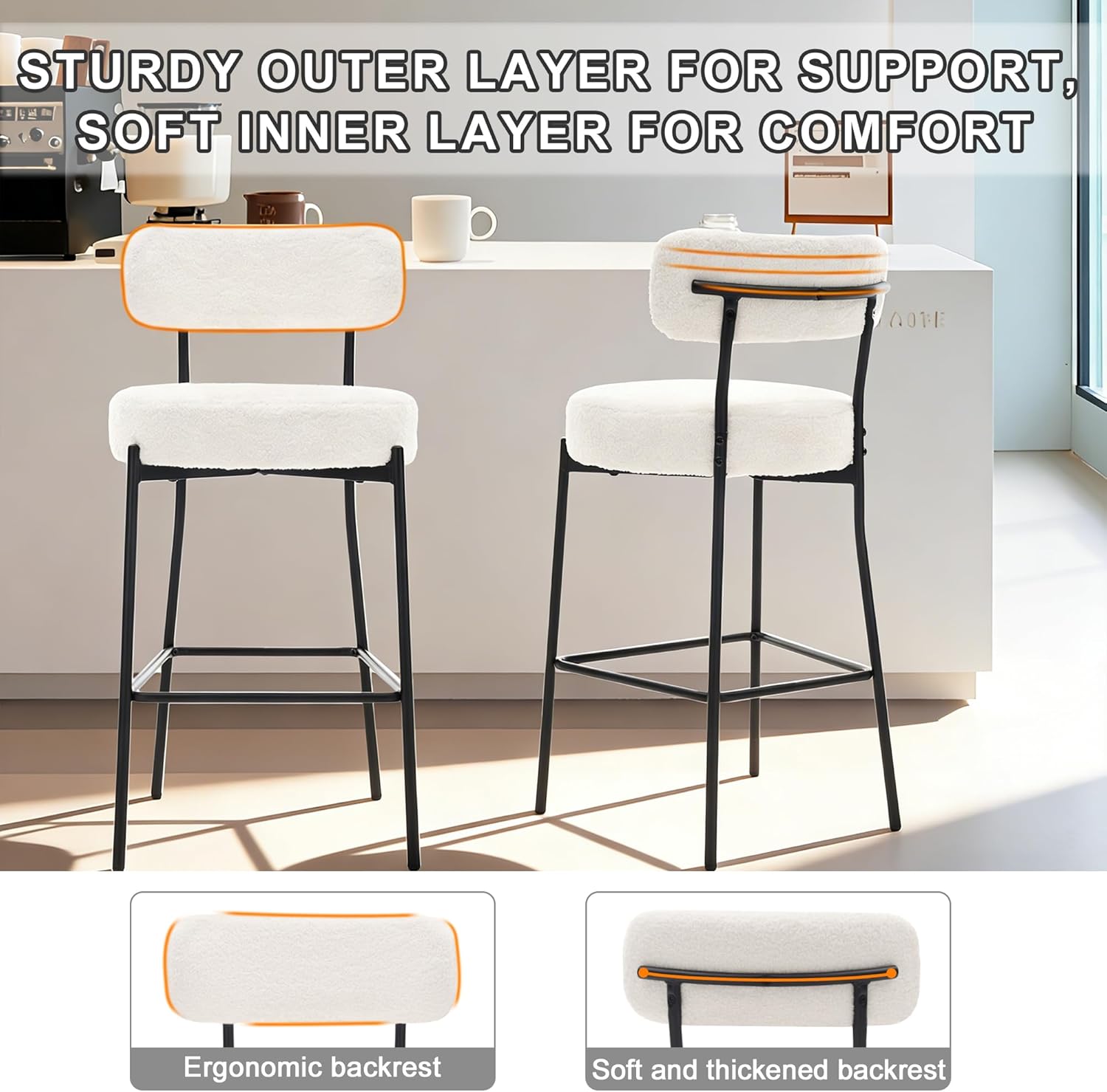 Bar Stools Set of 2, 27" White Boucle Counter Height Barstools with Back and Metal Legs, Upholstered Modern Barstools Chairs for Kitchen Island, Counter, Dining Room