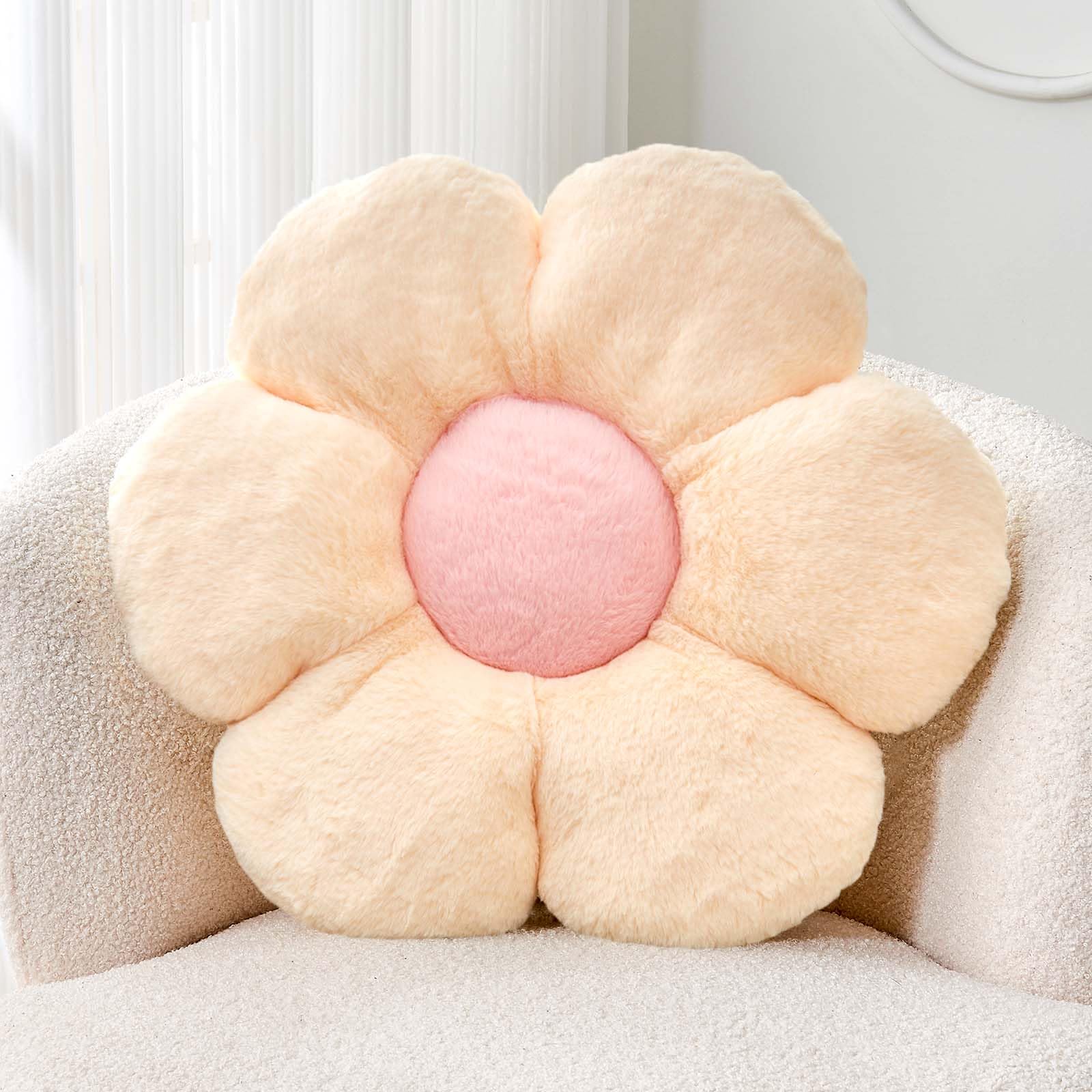 Kcvvcr Beige Flower Pillow, Cute Decorative Flower Shaped Throw Pillow with Faux Rabbit Fur, 19.6" Soft Daisy Plush Floor Cushion Aesthetic Room Decor for Bed Sofa Couch