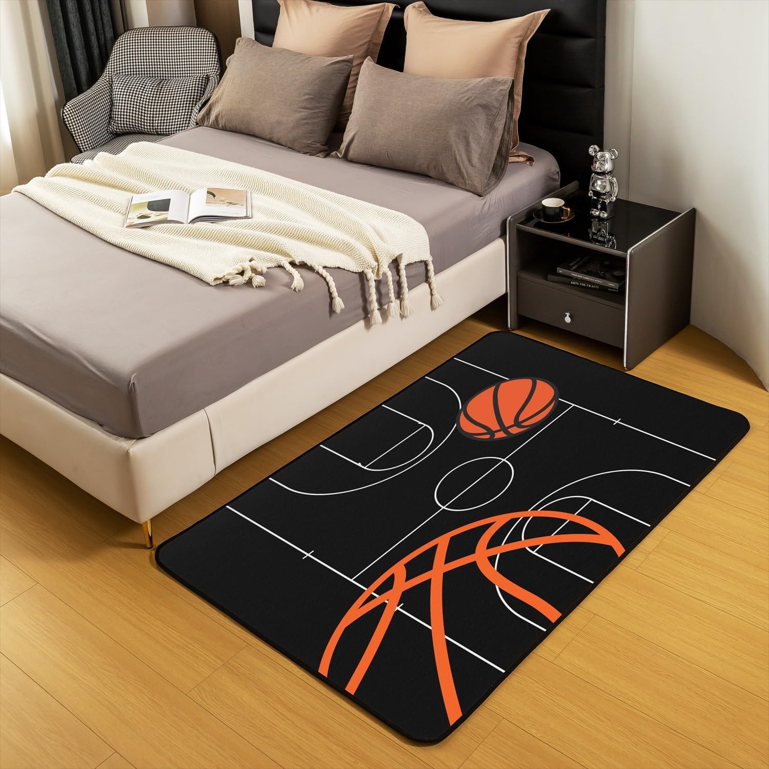 Basketball Area Rug 5x7 Kids Basketball Court Decorative Carpet for Boys Girls Teens Gaming Sports Rugs for Living Room Bedroom Non-Slip Sports Theme Black Indoor Floor Mat Room Decor Accent Rug