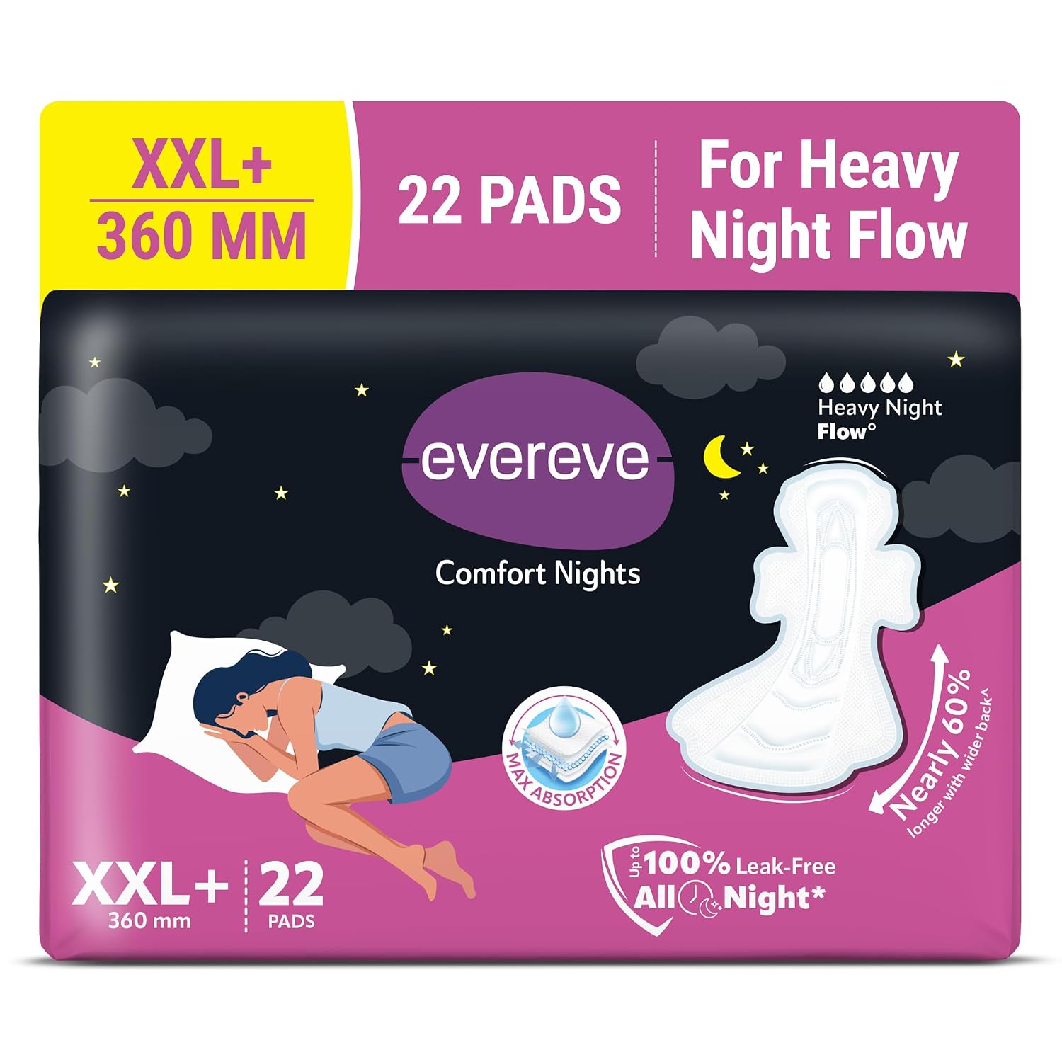 Evereve Comfort Nights Sanitary Pads XXL+ 360mm, 22 Pads, 60% Longer with Wider back For All Night Care, Heavy Night Flow Absorption, Up to 100% Leak Protection, Rash-Free Breathable Comfort