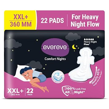 Evereve Comfort Nights Sanitary Pads XXL+ 360mm, 22 Pads, 60% Longer with Wider back For All Night Care, Heavy Night Flow Absorption, Up to 100% Leak Protection, Rash-Free Breathable Comfort