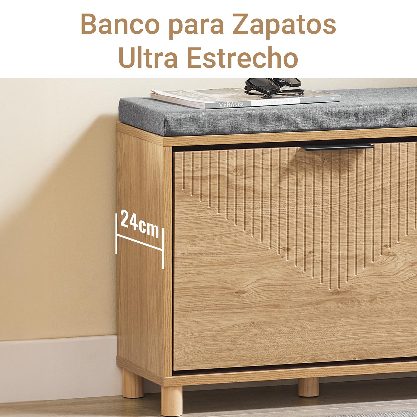 SoBuy Banco Zapatero con Asiento y Almacenaje - Zapatero Entrada Recibidor Compacto con Cojín Gris y Acabado Madera Clara Dormitorio y Recibidor, 60x24x50cm, Capacidad 118kg, FSR199-N
