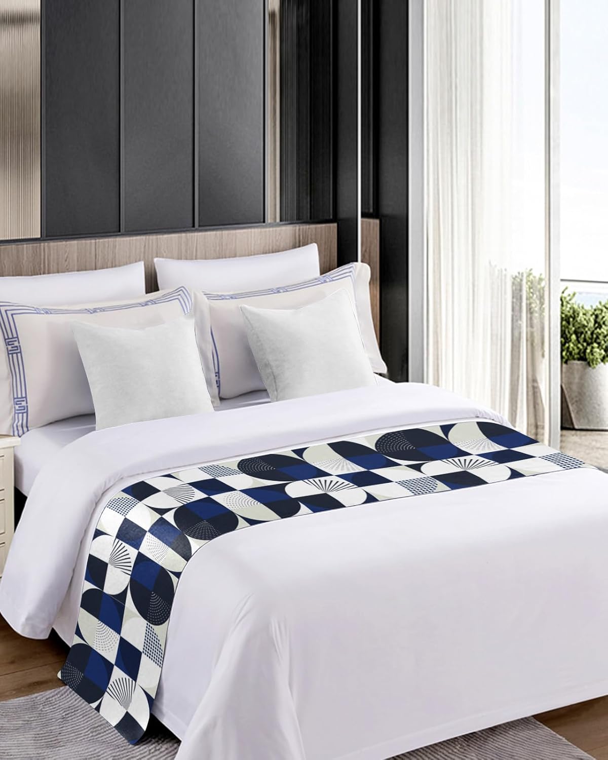 Teamery Bed Runners & Scarves, Medieval Style Geometric Circle Blue and Gray Bed Runner, Bed Scarf Protector Decorative Accent Bedding Scarf for Hotels Homes and Guestrooms, 102 x 20 inches