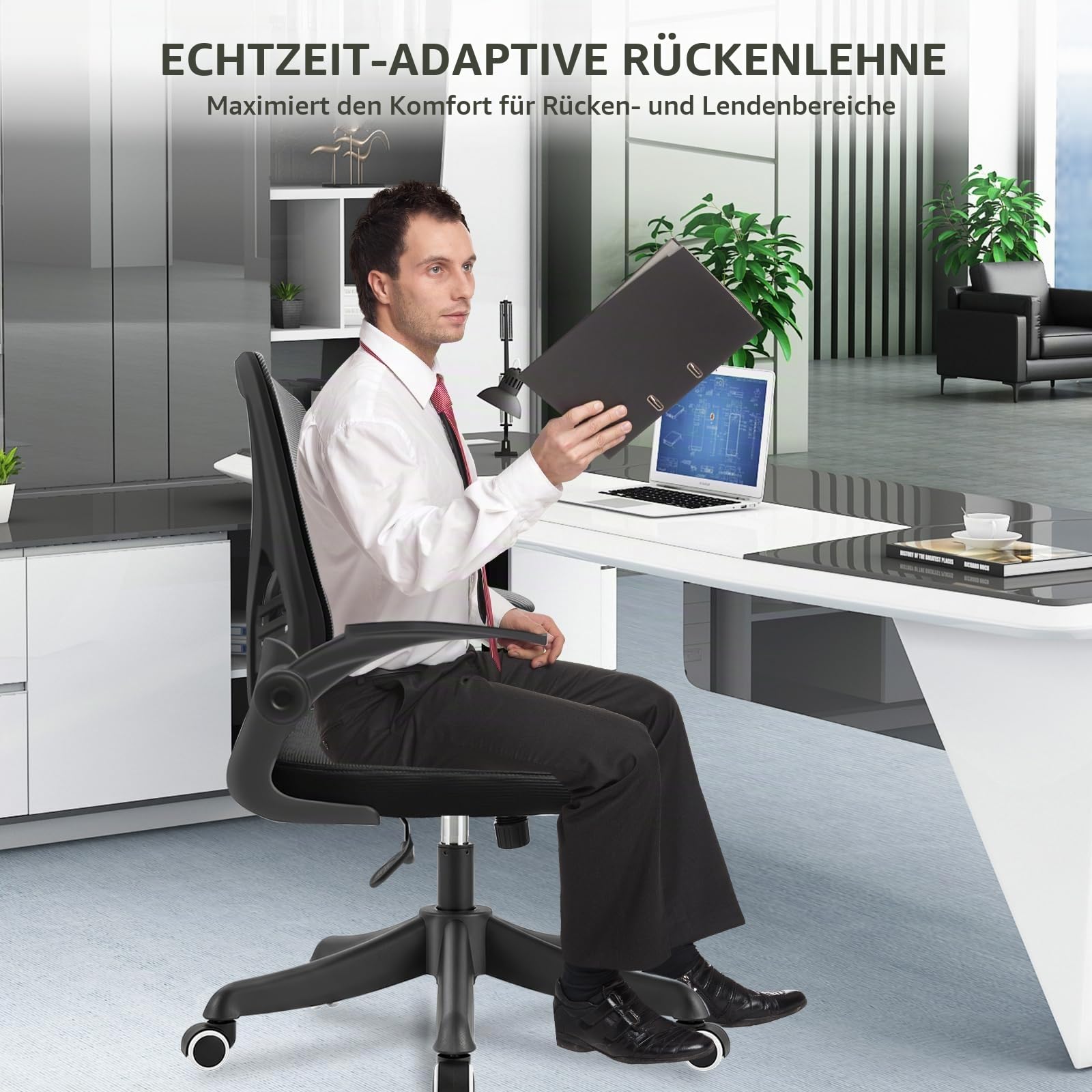 Bürostuhl Ergonomisch, Schreibtischstuhl mit Armlehnen, Drehbarer Sockel, 10cm Höhenverstellbarer Office Chair, Weich und Atmungsaktiv, für Zuhause, Konferenzempfang, Studio