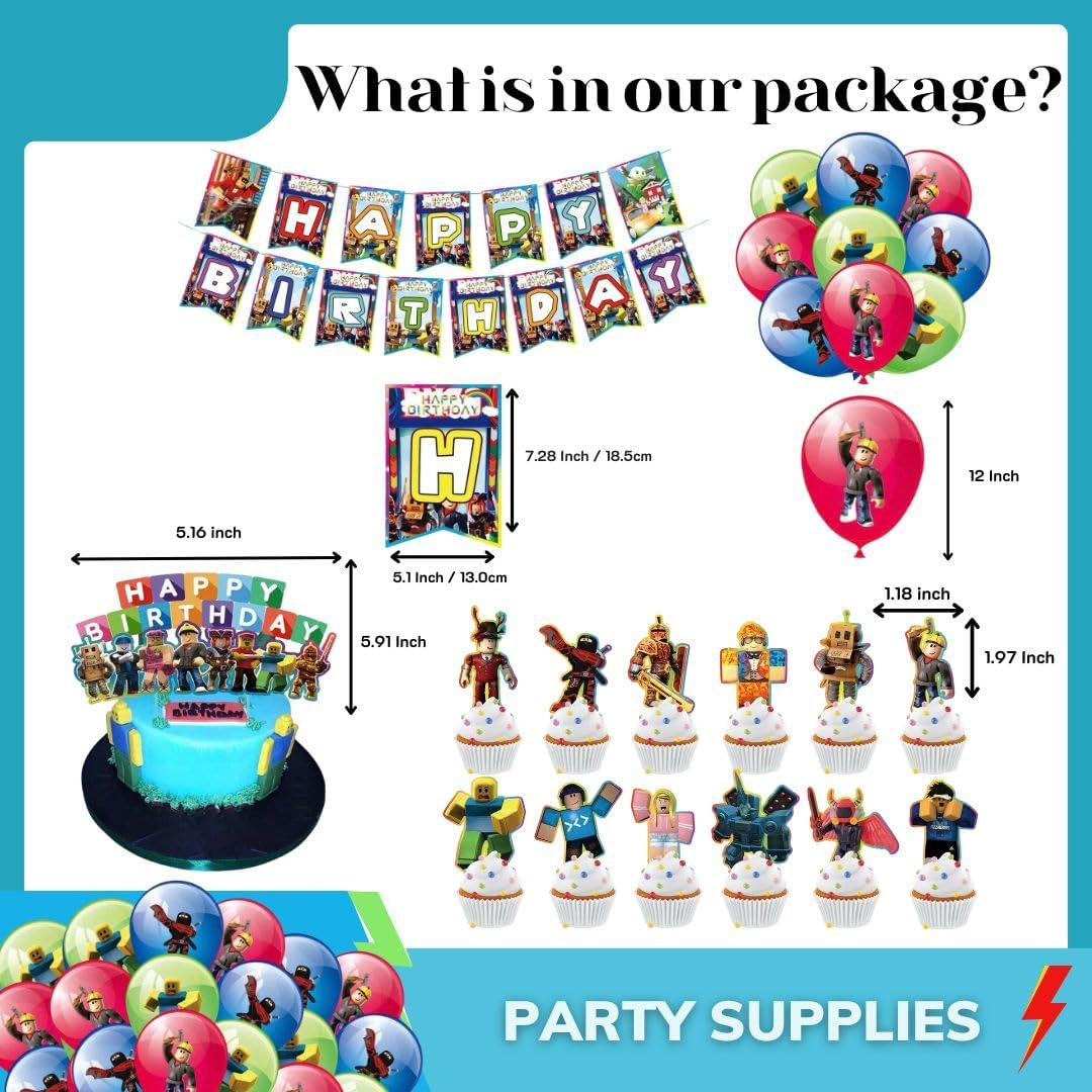 58 Pcs Game Party Decorations, Cute Game Cartoon Birthday Decorations, Set Birthday Party With Banner, Latex Balloon, Cake Topper and Cupcake Topper