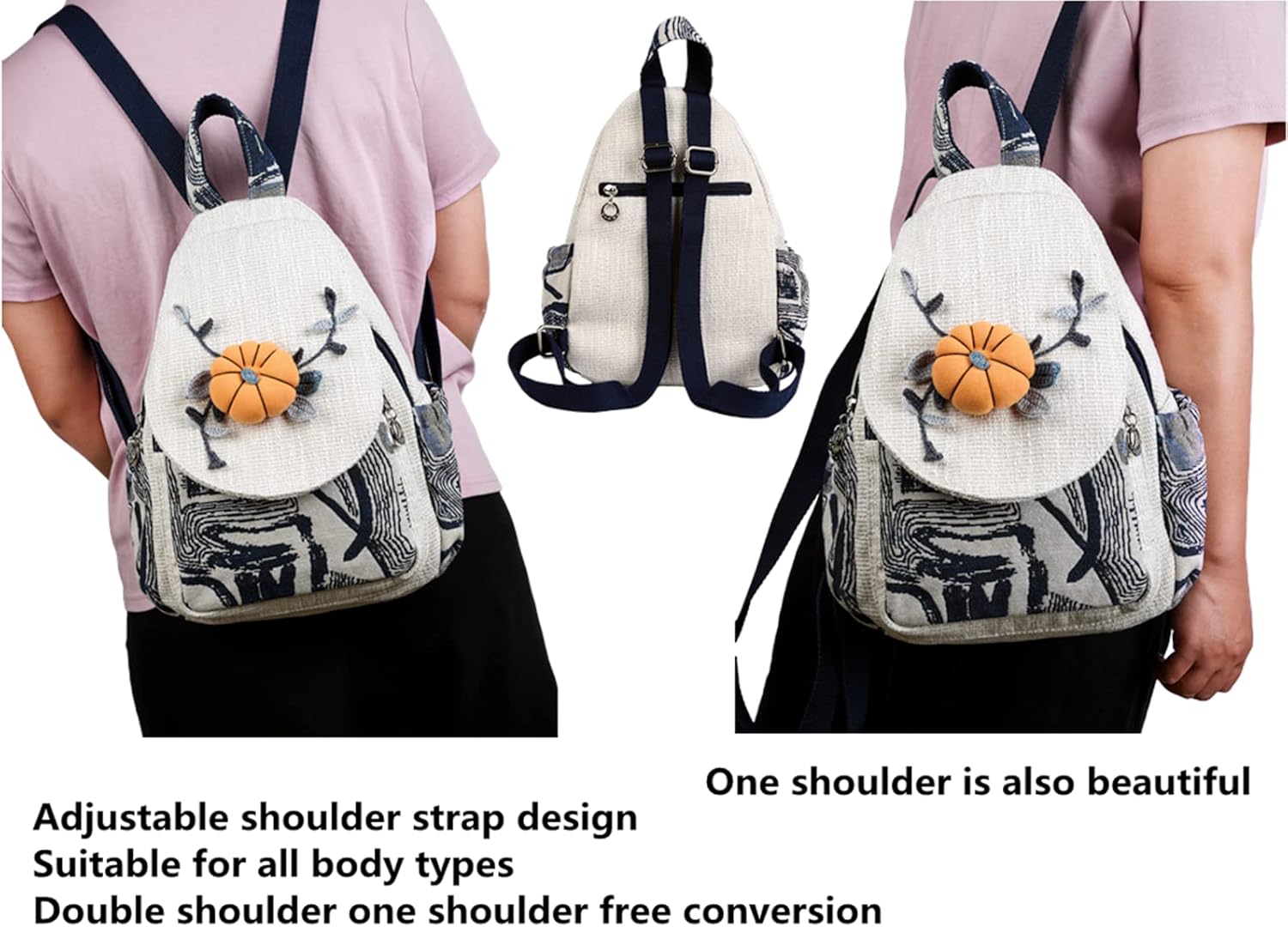 HUANGGUOSHU Boho and Bohemian Small Canvas Backpack Purse for Women - Adjustable Carry Sling Bag, Embroidered and Woven Tapestry Patterns Pumpkin - Image 6