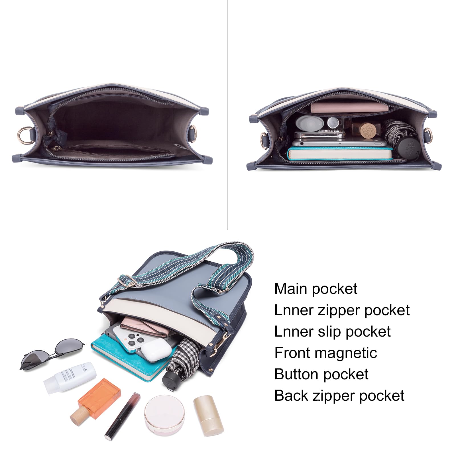 CLUCI Purses for Women, Vegen Leather Crossbody Bags for Woman Trendy, 2PCS Hobo Handbag with 2 Adjustable Guitar Strap: Blue and White