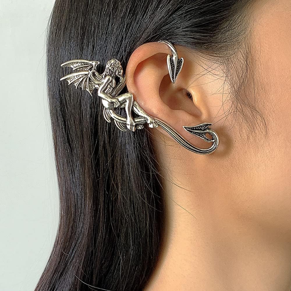 Missgrace 1 Pair Women's Sparkling Vintage Punk Ear Cuffs Earrings Sexy Large Wing Cuff Wrap Earrings for Halloween Prom Party