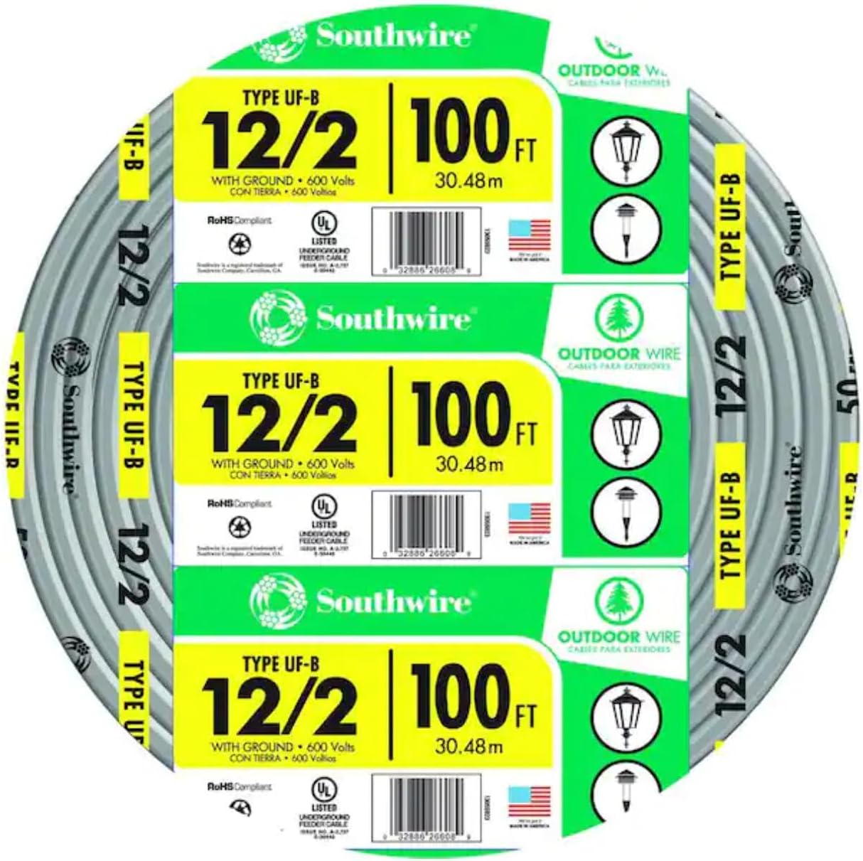 Southwire 12/2 UF B Wire with Ground, 100 ft, Gray Solid Copper Direct Burial Cable for Outdoor & Underground Use, 600V