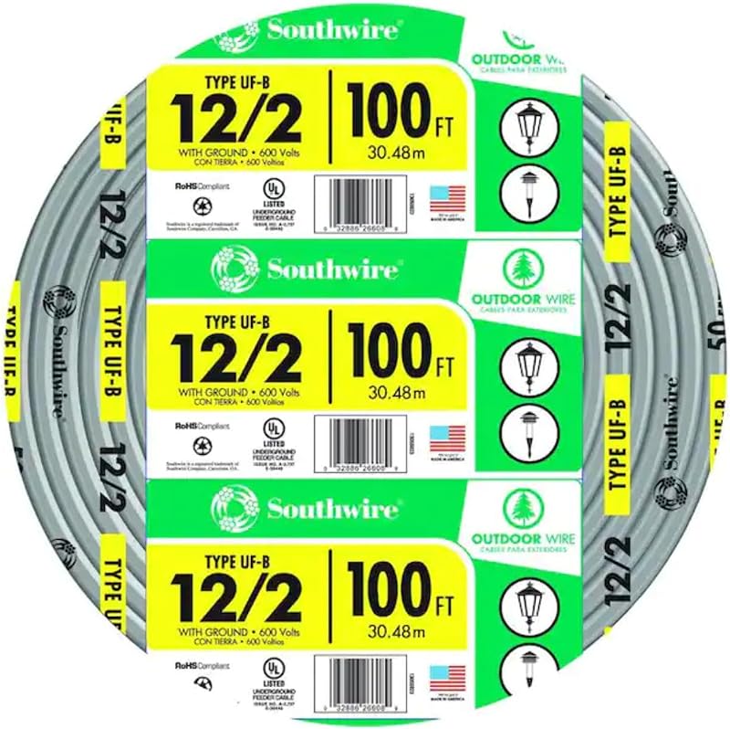 Southwire 12/2 UF B Wire with Ground, 100 ft, Gray Solid Copper Direct Burial Cable for Outdoor & Underground Use, 600V