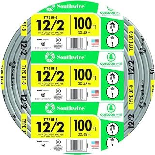 Southwire 12/2 UF B Wire with Ground, 100 ft, Gray Solid Copper Direct Burial Cable for Outdoor & Underground Use, 600V