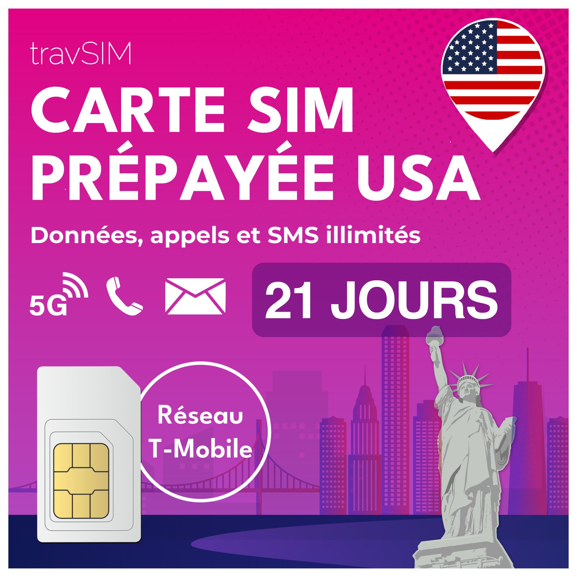 travSIM Carte SIM USA | Réseau T-Mobile | Données, appels et textes illimités aux USA | SIM USA Fonctionne sur Les appareils iOS et Android | Carte SIM Prépayée USA 21 Jours