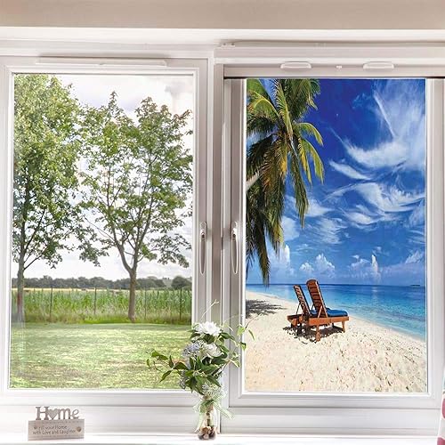 Miniatura 10 de Película de privacidad para ventana oceánica, tiro submarino tropical con superficie de cocotero y agua de cielo aguamarina, vidrio esmerilado