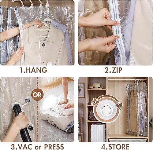 Miniatura 7 de LEVERLOC Bolsas colgantes de almacenamiento al vacío para ropa, transparentes, paquete de 4 bolsas de almacenamiento de sellado al vacío para ropa,