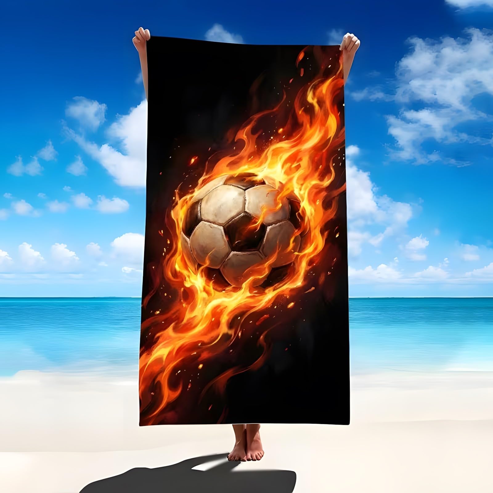 YZQGLHP Flame Microfibre Beach Towel Football Beach Bath Towel Quick Drying, Lightweight, Sand-Free, Durable, for Pool, Gym, Camping, Travel Towel 70x130cm