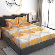 AMEYAA 350 TC Cotton Feel Glace Cotton All Around Elastic Fitted Bedsheets Queen Size | Premium Super Soft Fitted Bedsheet Queen Size for Double Bed | Fits Up to 8 to 10 Inches, 78 x 60, Yellow