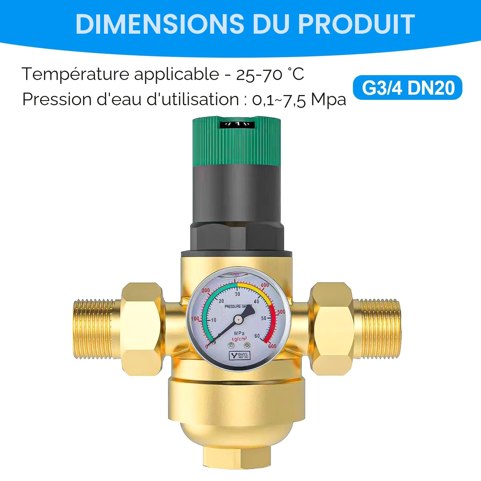 3/4 Pouce Reducteur de Pression Eau, Limiteur de Pression Avec Manometre Pression Eau Et Filtre à Mailles, RéDucteur de Pression D'Eau En pour Robinets D'Irrigation de Jardin de Chauffage au Gaz