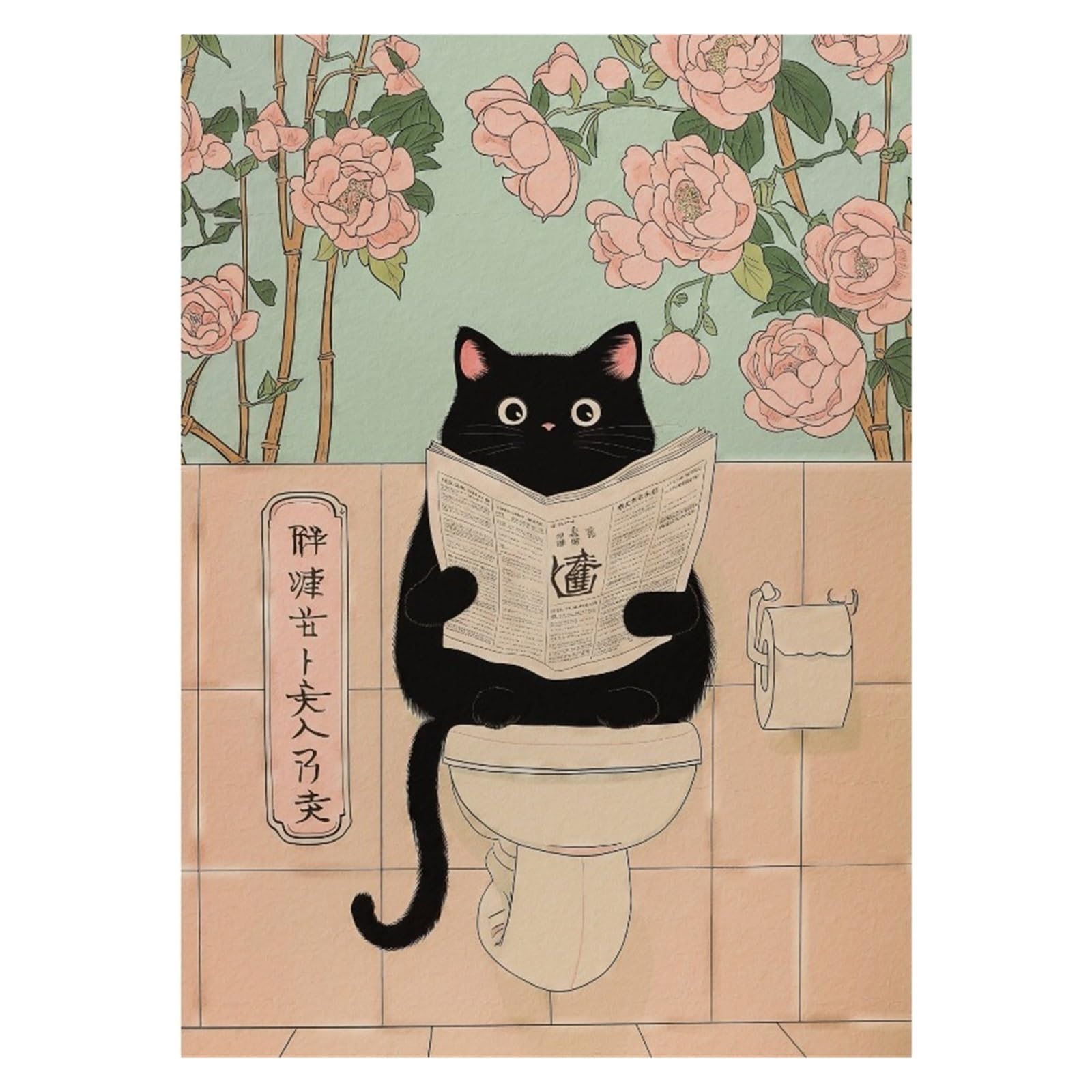 Graiting 1pc Noble Tabby Cat Eating Ramen Fuji View Poster Wall Pictures Canvas Painting Home Bathroom Decor(13,20x30cm)