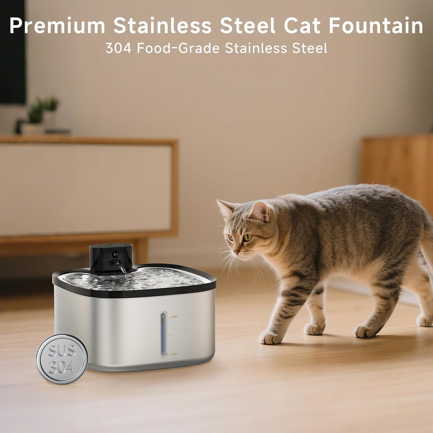 Cat Water Fountain Stainless Steel, 118oz/3.5L Cordless Automatic Pet Water Dispenser for Cats Indoor, with Motion Sensor, Ultra Quiet Pump, Rechargeable & Multi-Filtration (Silver) - Image 9