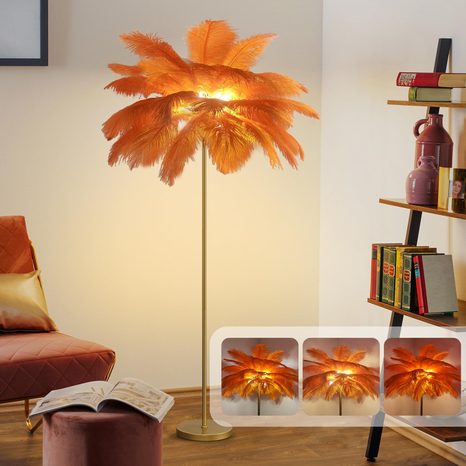 pombconw Ostrich Feather lamp,black pink Gold Floor lamp feather led standing lamp for Daughter's Room can be DIY Applicable to living room lamp decoration (orange)