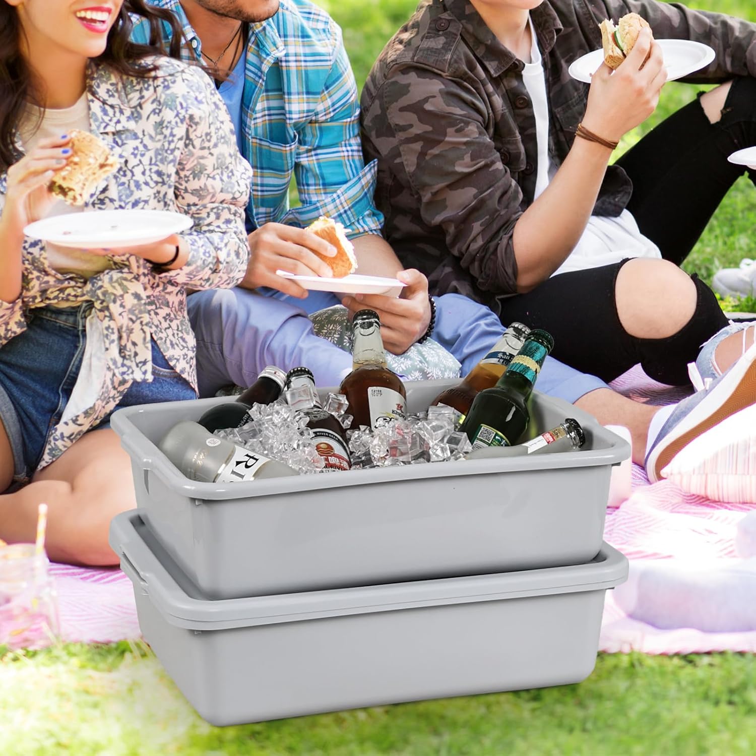 Kiddream 13L Bus Totes with Lid, Plastic Dish Tub, Restaurant Bus Tray, Grey, 12 Pack