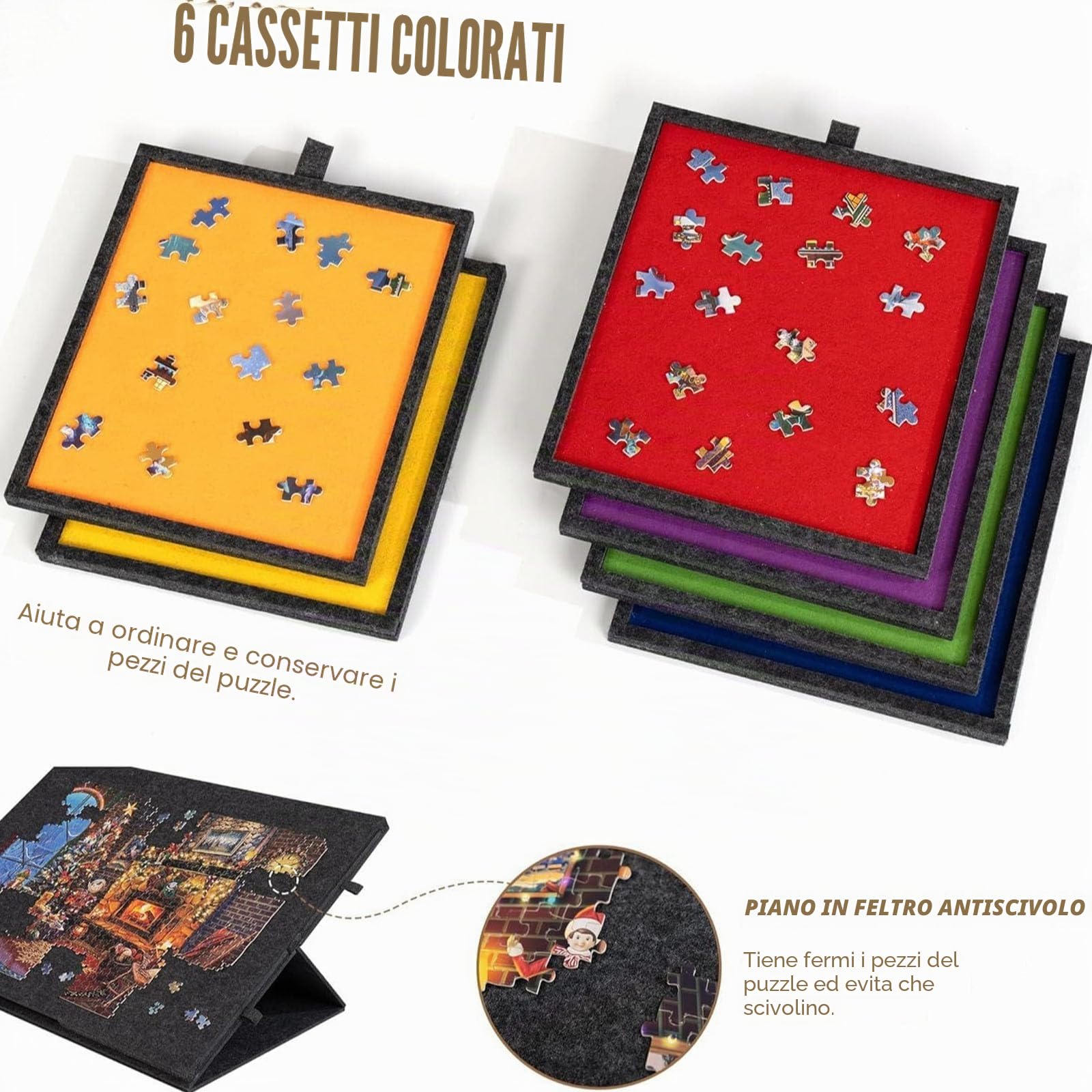 Tavola Puzzle Con 6 Cassetti Per Puzzle Fino A 1000 Pezzi | Piano Inclinabile Con Supporto E Copertura, Portatile Per Adulti E Bambini
