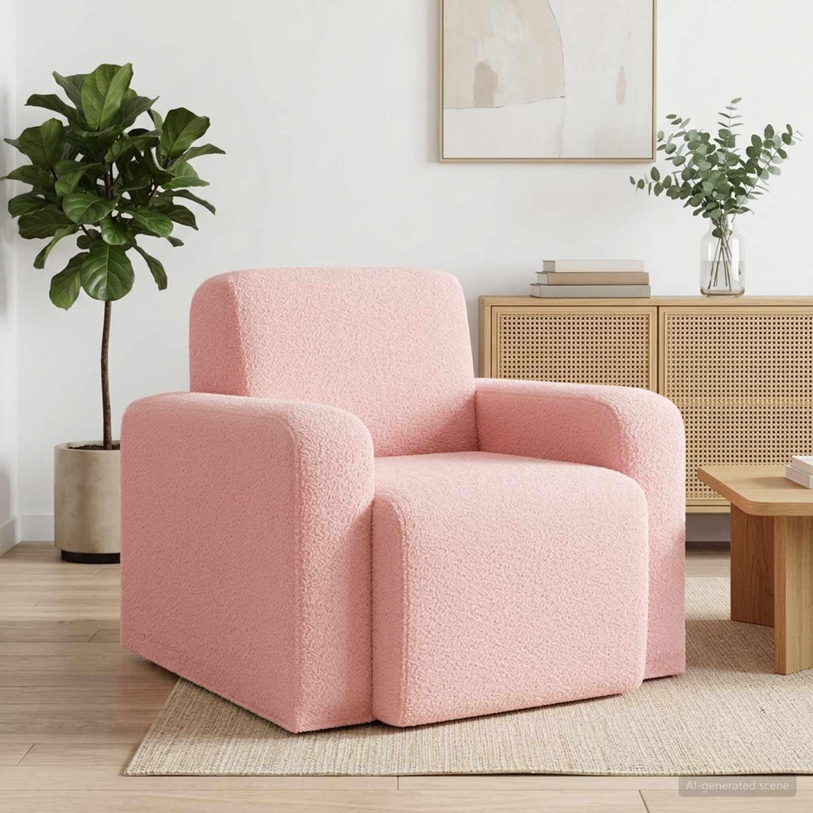 Sessel Rosa Bouclé Stoff Polstersessel Armlehnenstuhl Modern