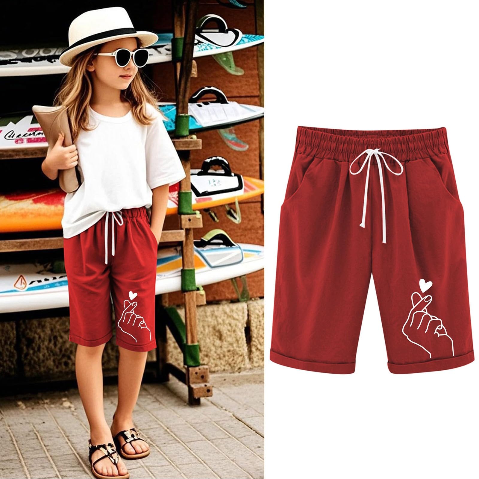 Generisch Leinenhose Kurze Mädchen Leicht Shorts Sommer Freizeit Hose Baumwolle Leinen Strandshorts Elastische Taille Sommerhose Elegant Einfarbig Stoffhose mit Taschen Sweatshorts