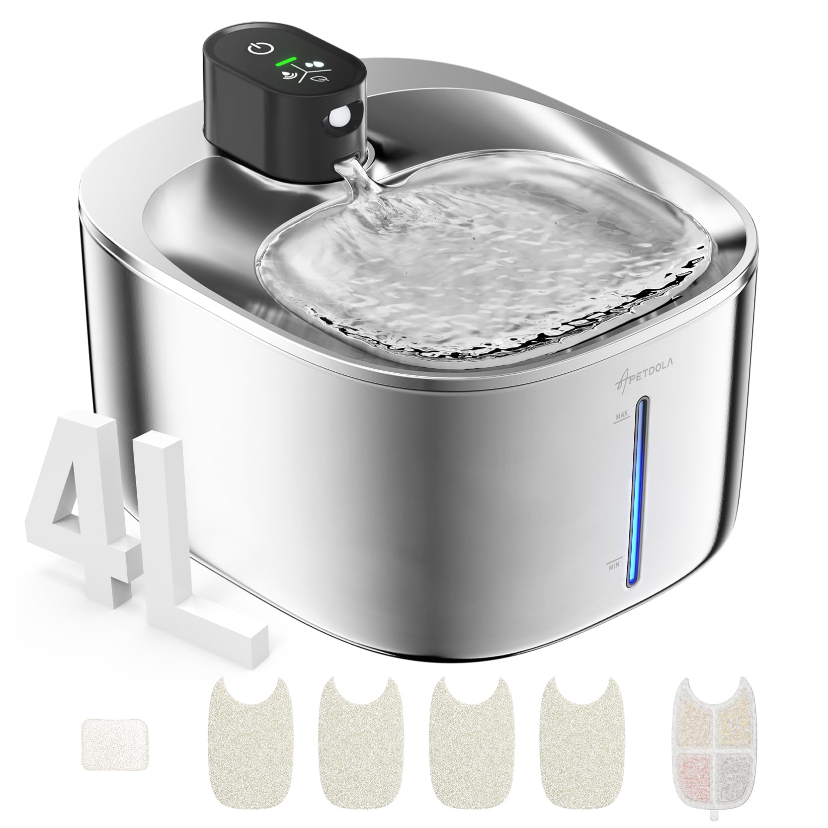 APD APETDOLA Wireless Cat Water Fountain Stainless Steel,135floz/4L Battery Operated Automatic Pet Fountain,Cordless Cat Water Dispenser Pet Water