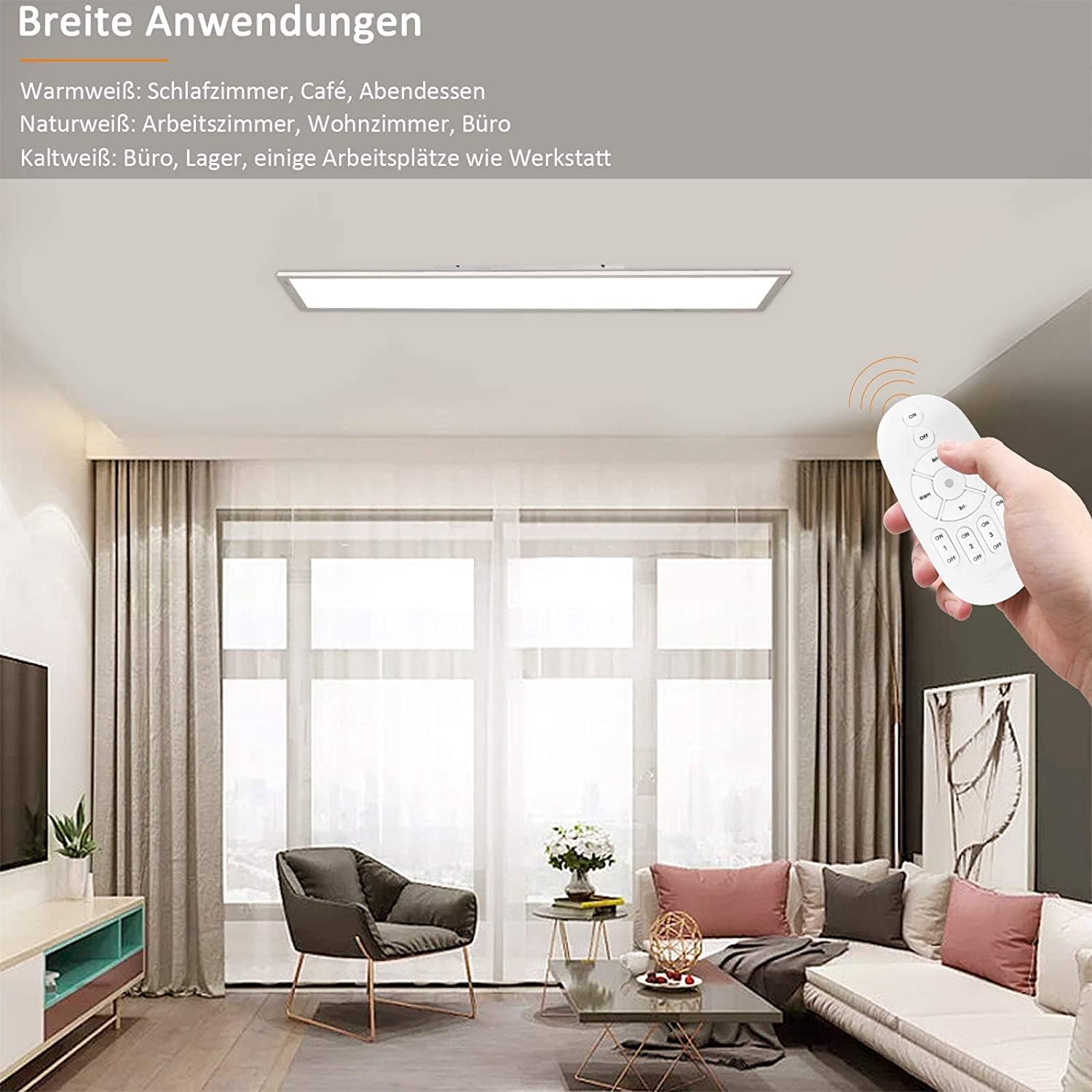 Aimosen Panel LED de Techo Regulable de 100 x 25 cm con Mando a Distancia, 28W Panel Plano de Techo, 2700K - 6500K, Blanco Cálido, Natural y Frío, Lámpara Para Oficina, Taller o Salón