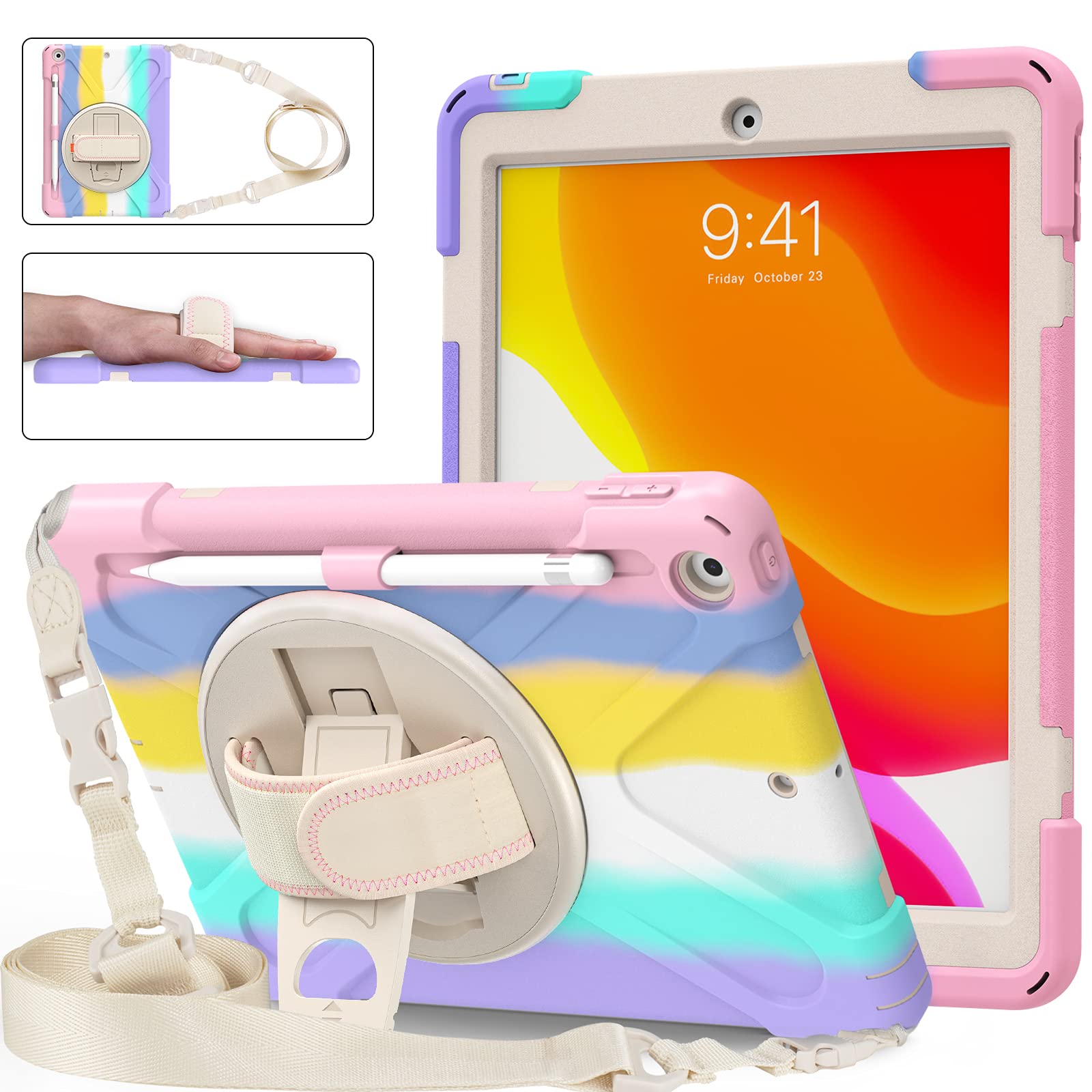 AVAKOT iPad 8th Generation Case for Kids Girls Cute Rainbow Pink w/Stand 2020 | iPad 7th Generation Case 2019 Rugged |Durable iPad 10.2 Case Cover w/Pencil Holder&Strap for iPad 8th/7th Gen 10.2"