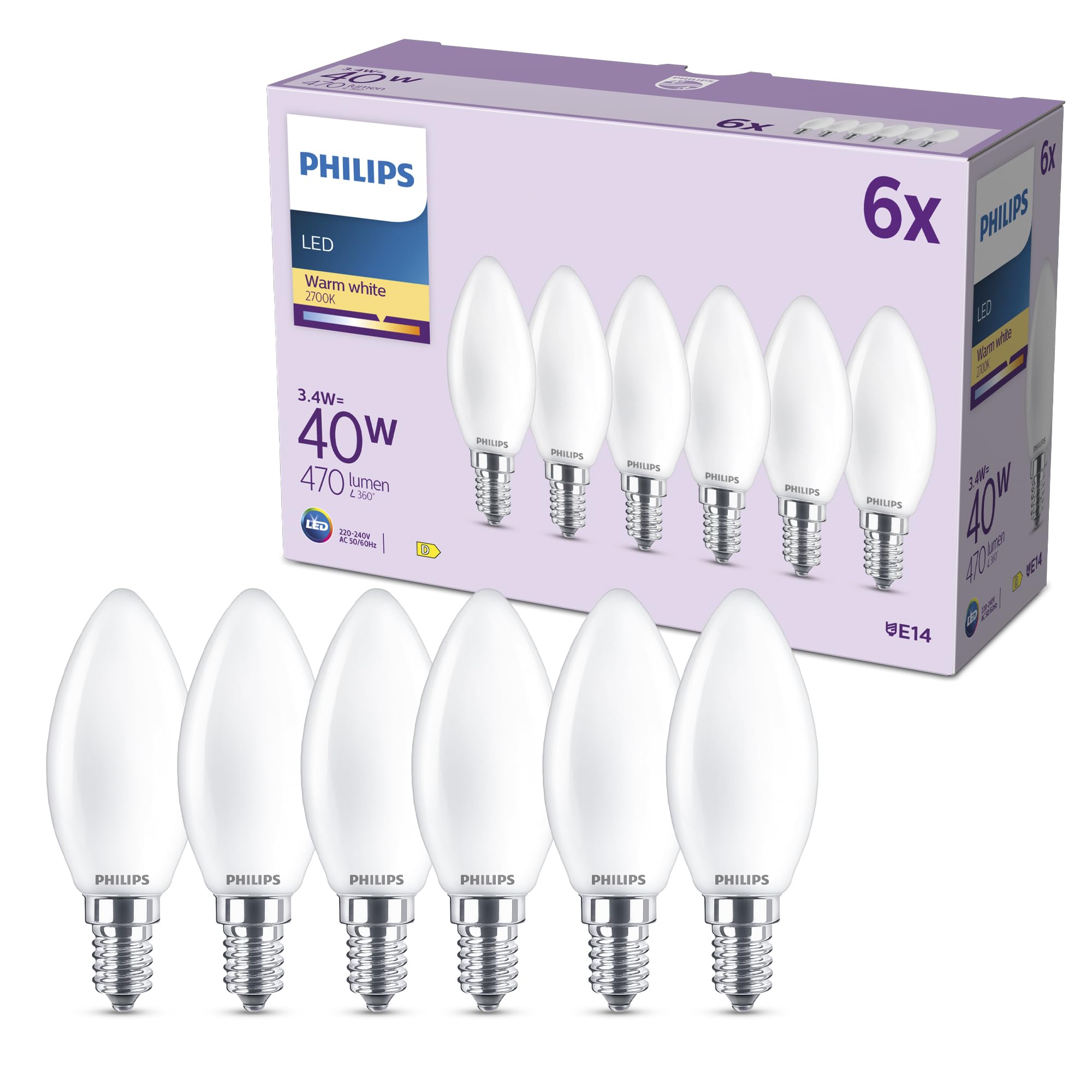 Philips White Led Light Bulb, 6 Pack, B35, E14, 470 Lumens, 40W, Candle Design, Long Lifetime, Warm Light 2700K, Frosted Bulb