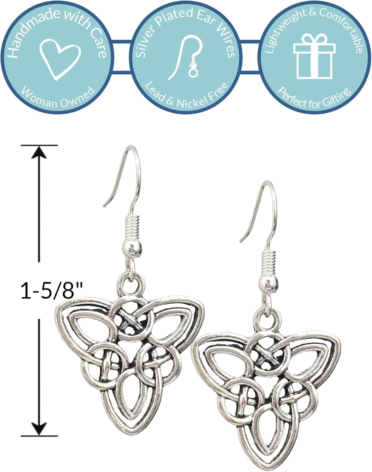 Celtic Triquetra Trinity Knot Charm Earrings, Handmade Antique Silver Irish Scottish Dangle Jewelry - Image 2