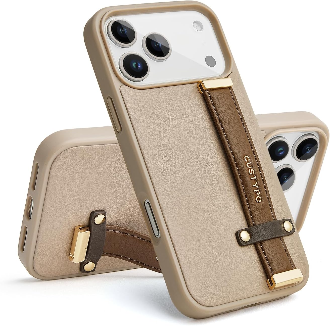 CUSTYPE Compatible with iPhone 17 Pro Case with Adjustable Wristband Strap Kickstand,handstrap Grip Loop Strap Leather Case for Women Girl for iPhone 17 Pro 6.3inch-Brown