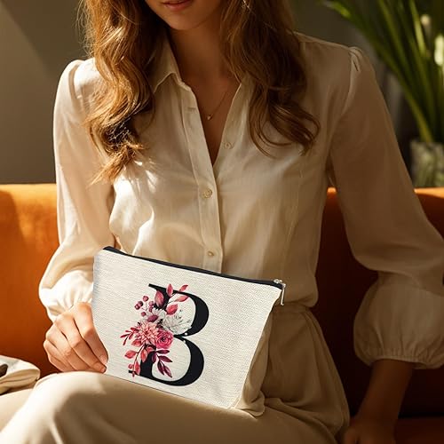Miniatura 5 de A-Z - Bolsa de maquillaje personalizada para mujer, bolsa de cosméticos de viaje impermeable de lino pequeña, B, Moda