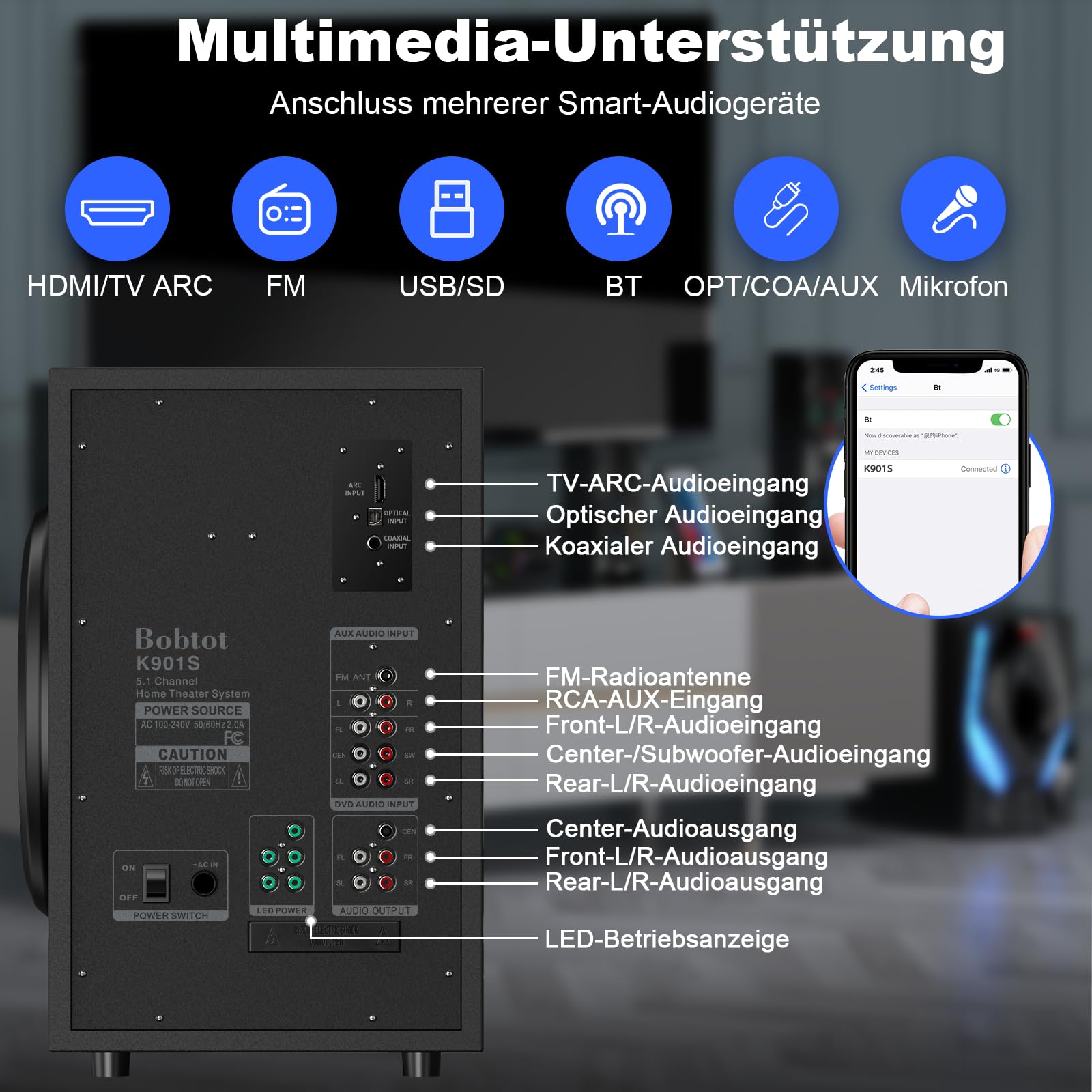 Bobtot Heimkino-System mit Surround-Sound-Lautsprechern, 1200 Watt | 10" Subwoofer, 5.1 Soundsystem mit Umgebungslicht, tiefen Bässen, ARC, optischem Bluetooth-AUX-Karaoke-Eingang für Fernseher