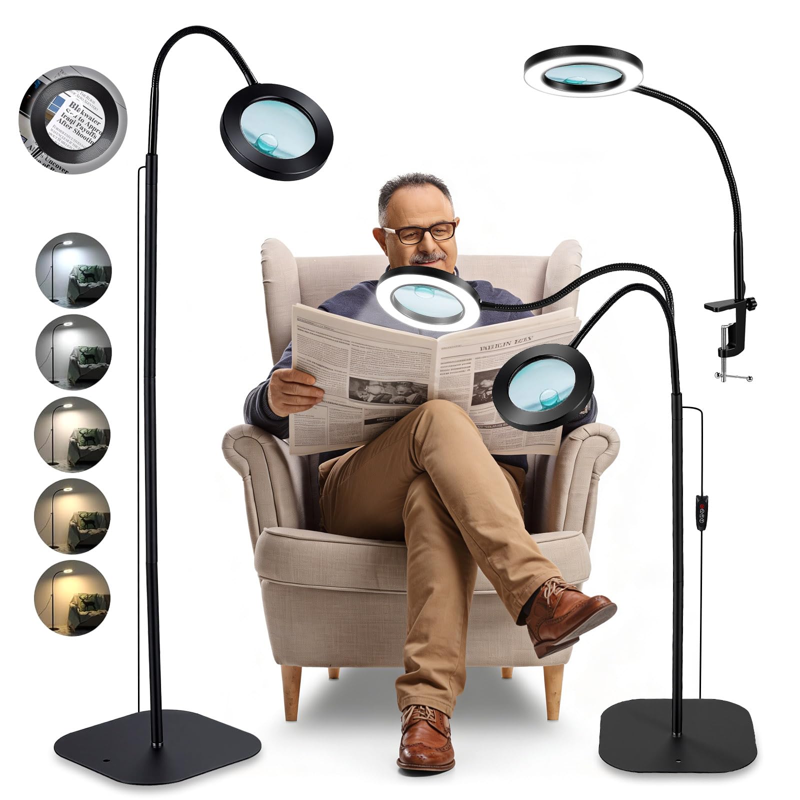 Lupa de pie (10 unidades, 20 unidades, con luz y soporte, 3 en 1, con 72 LED, 3 modos de color regulable, brazo plegable rectangular, lupa de lectura para personas mayores)
