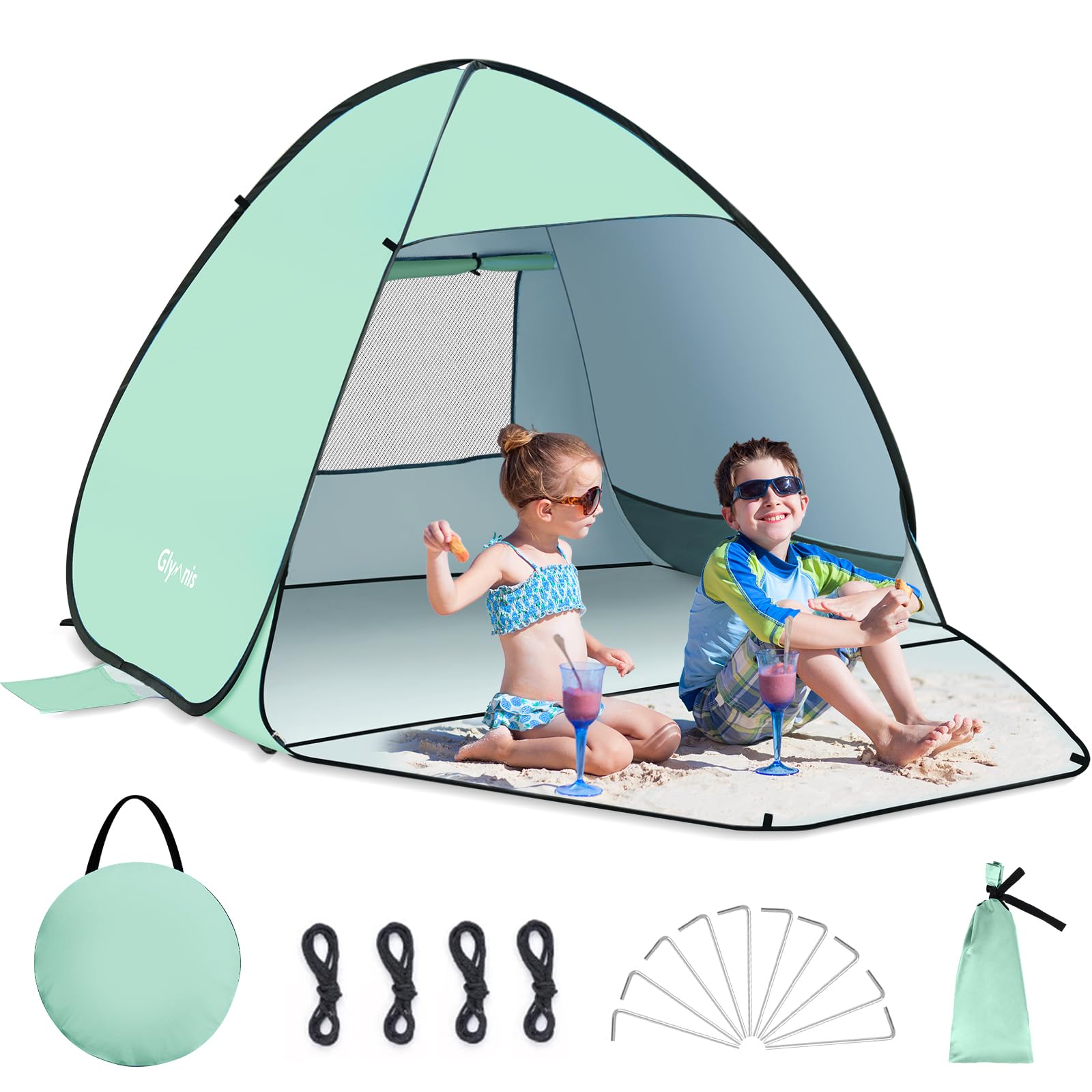 Glymnis Tienda de Playa Pop Up 2-3 Personas Tienda Instantánea Automática UPF 50+ Tienda Playa Portátil con Puerta Cremallera para Playa Parque Pescar