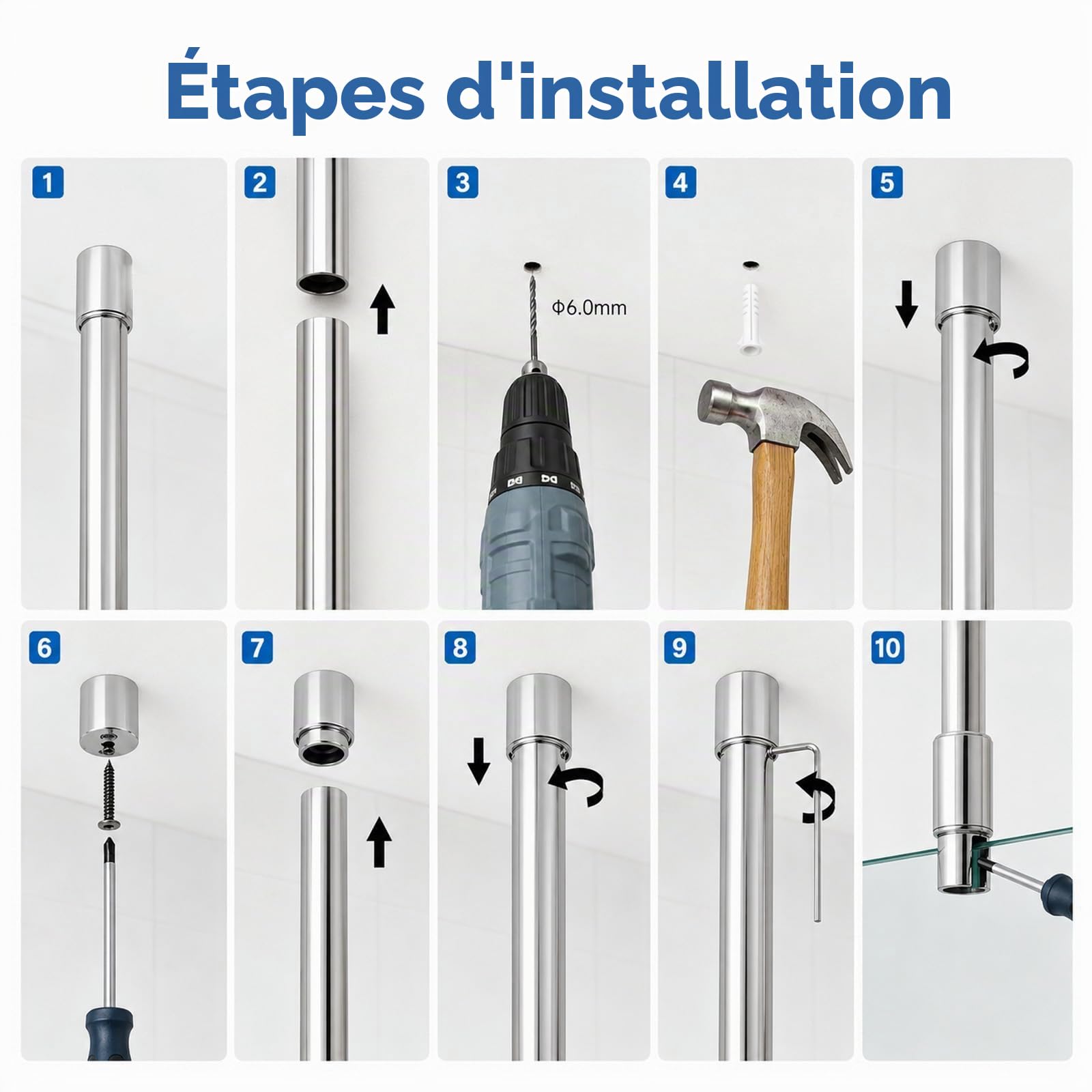 Barre Stabilisation pour Douche, 56 cm Barre Fixation en Acier Inoxydable 304 pour Parois Douche avec Articulation Pivotante à 360° Support pour Paroi Douches pour Verre 6 à 10 mm