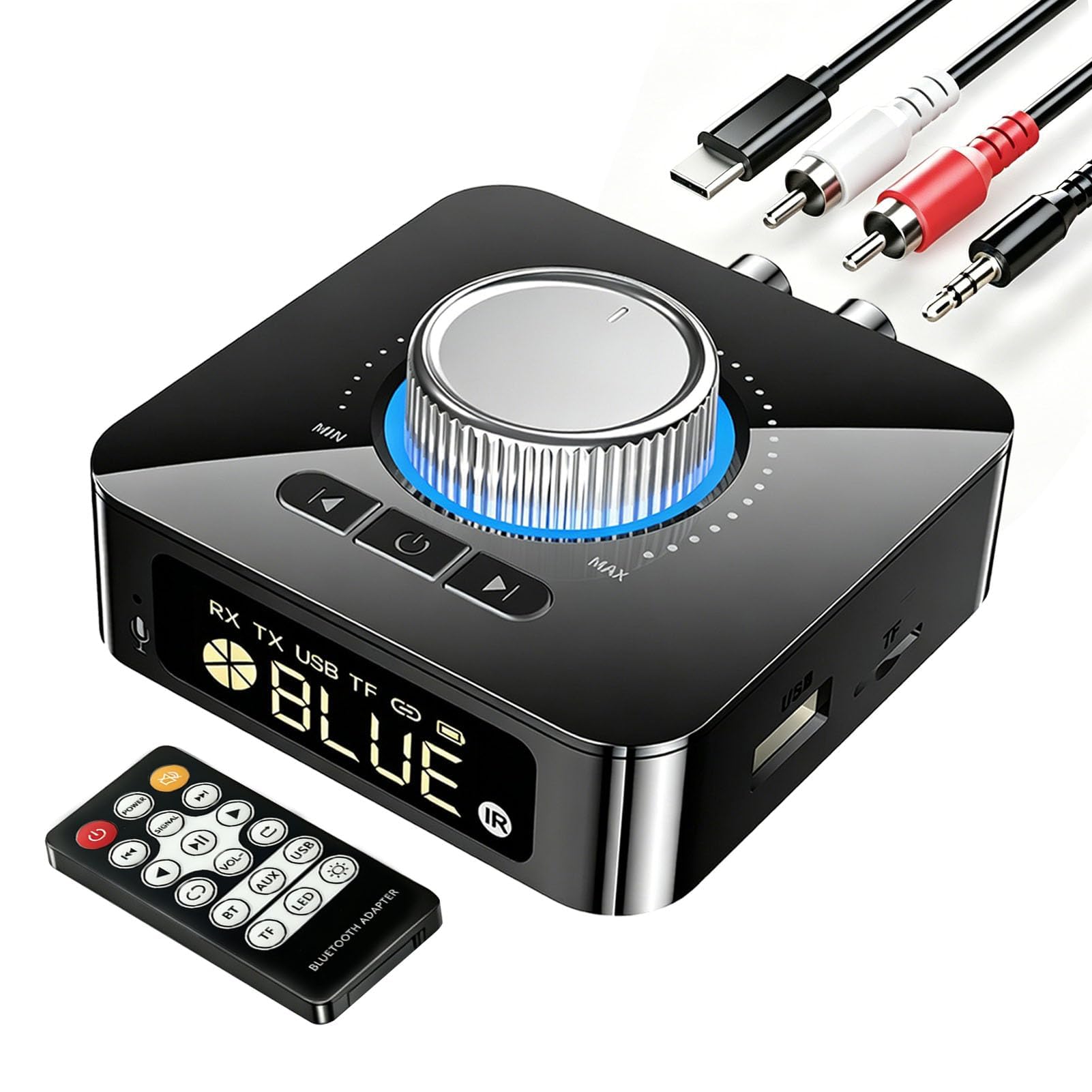 Receptor Bluetooth 6.0 HiFi, Emisor Receptor Audio con Pantalla LED, 2RCA y AUX 3.5mm, Lectura USB/TF, Manos Libres, Mando a Distancia para Equipo de Música, Coche, TV, Altavoces y Amplificador, PC