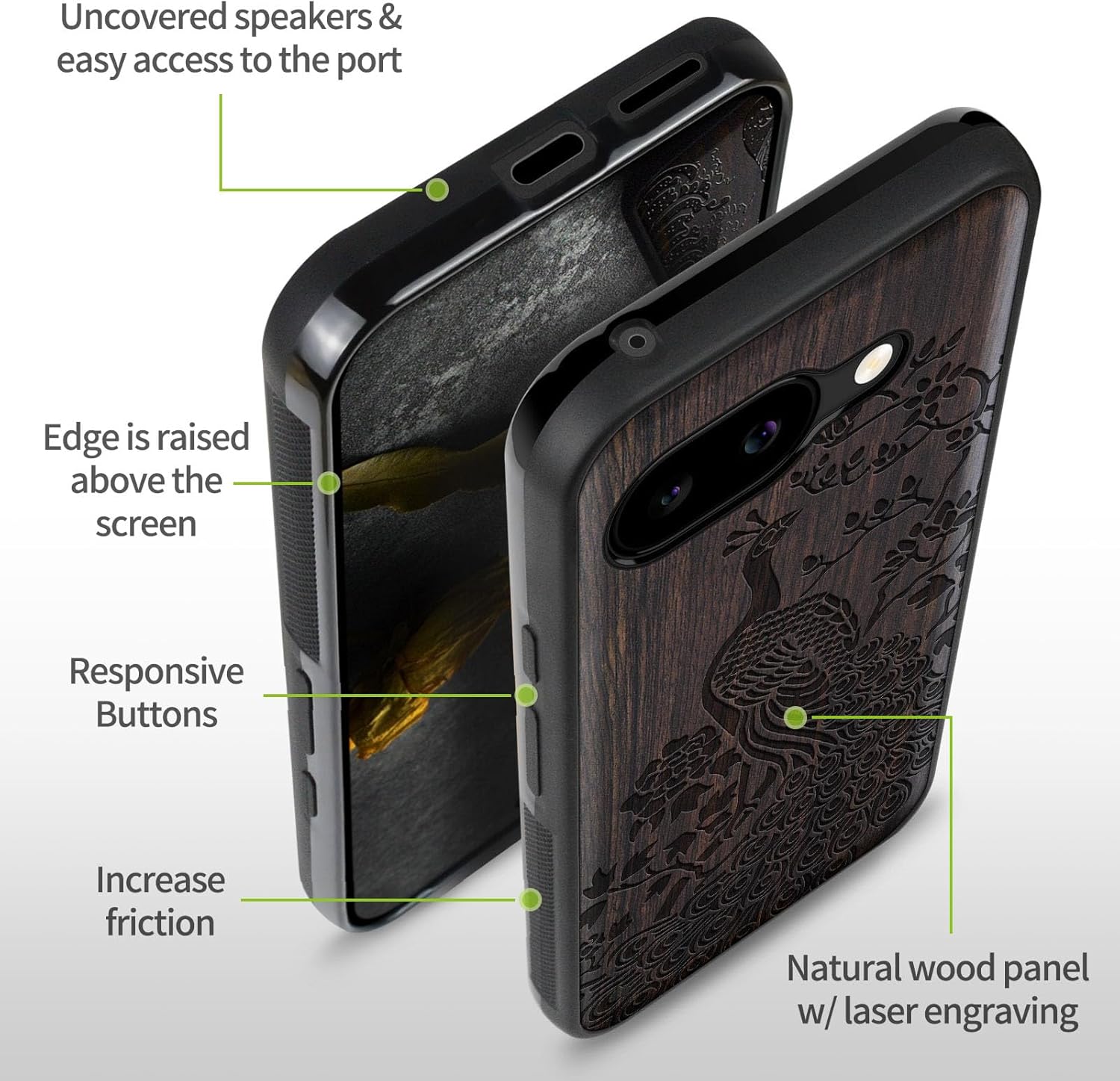 Carveit Magnetic Wooden Case for Google Pixel 9a Case, Wood Artisan Engraved & Soft TPU Shockproof Cover, Compatible with MagSafe Wireless Chargers (Peacock) Blackwood