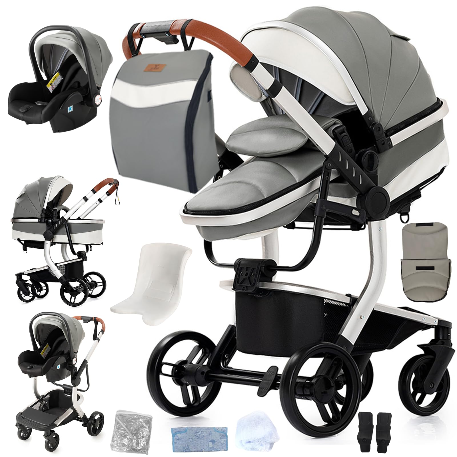 Magic ZC Pelle PU Passeggino Trio, Passeggino 3 in 1 con Spinta Reversibile a Due Vie, Trio Neonati con Accessori, Carrozzina per Neonati con Design Portatile Pieghevole Un Clic (B518 Grey)