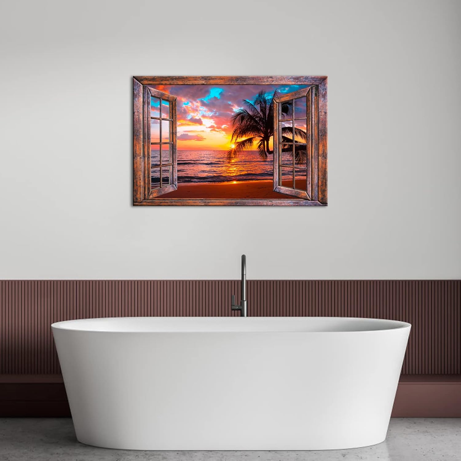 LyerArtork Window View of Hawaii Seascape Canvas Wall Art Tropical Palm Tree Picture Prints Sunset at Ocean Landscape Painting Nature Scenery Artwork for Bathroom Office Bedroom Decoration 24x36inch