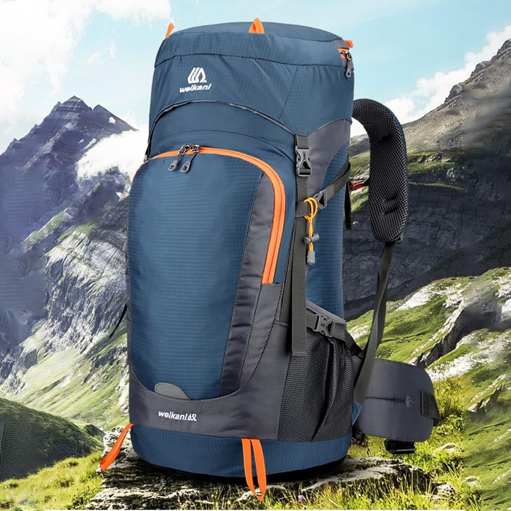 Zaino da trekking da 65 litri con copertura antipioggia, zaino da viaggio in nylon impermeabile con retro in rete traspirante per campeggio, trekking, arrampicata, nero