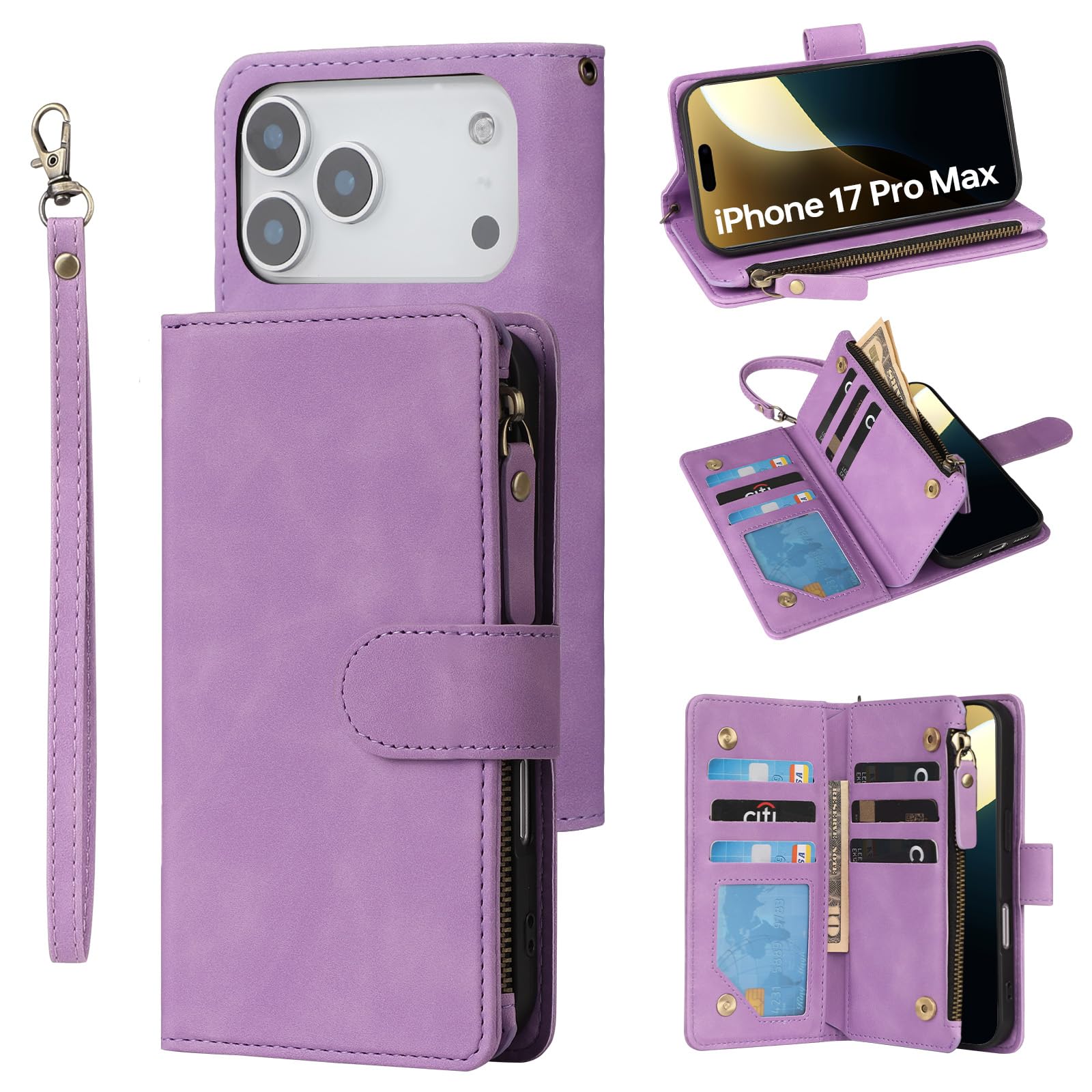 Wallet Case Compatible with iPhone 17 Pro Max, 6 Card Holder with RFID Blocking, PU Leather Zipper Flip Wallet Pocket, Kickstand, Wrist Strap | Protective Phone Cover for 17 Pro Max, Purple
